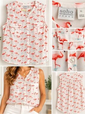 NY &Company, XL, sleeveless, white blouse w beautiful flamingos. Smokefree home.